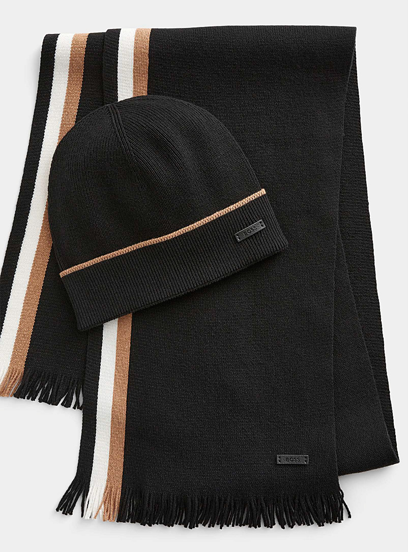 BOSS: L'ensemble écharpe et tuque bande tricolore Noir à motifs pour homme