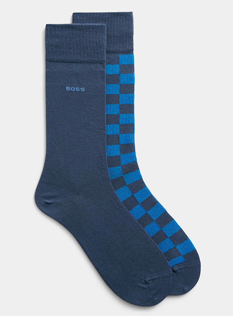 BOSS Patterned Blue Solid and blue check socks 2-pack for men