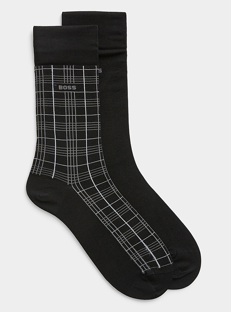 BOSS Patterned Black Windowpane socks 2-pack for men