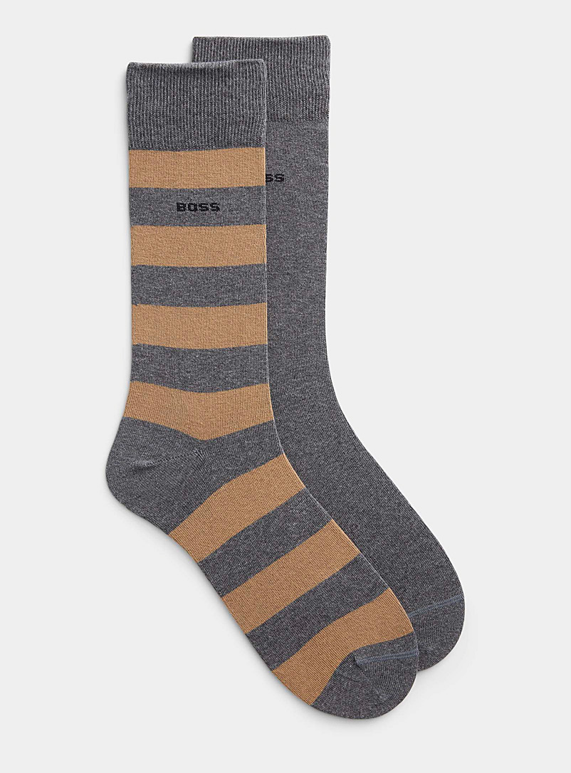 BOSS Assorted grey Beige stripe dress socks Set of 2 for men