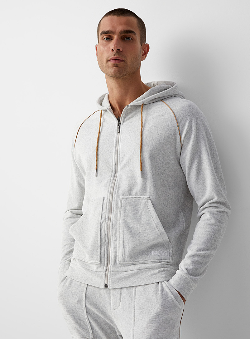 BOSS White Velvety zip-up lounge hoodie for men