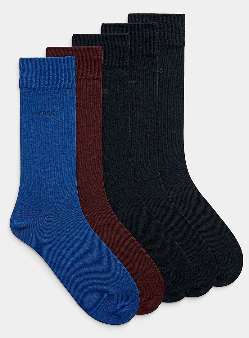 BOSS Patterned Blue Fine-knit solid socks Set of 5 for men
