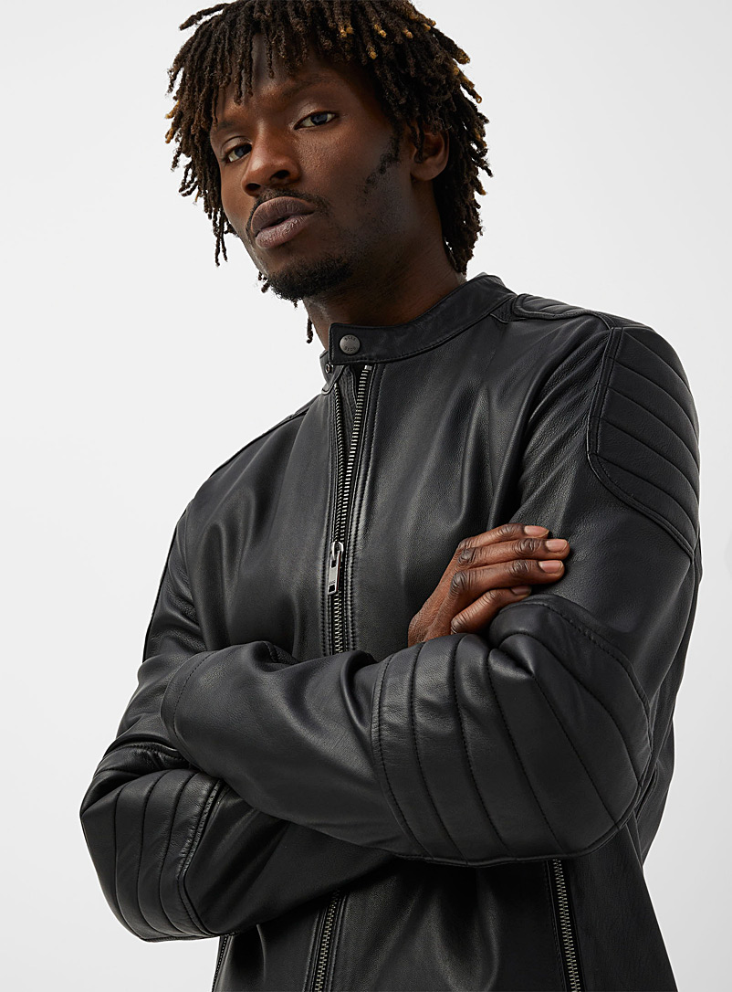 BOSS: La veste moto en cuir Noir pour homme