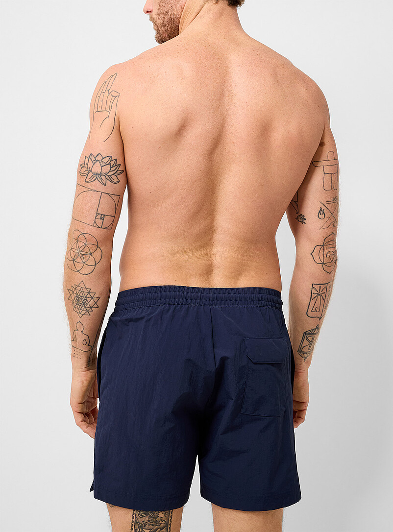 BOSS Navy/Midnight Blue Embroidered palm tree swim trunk for men