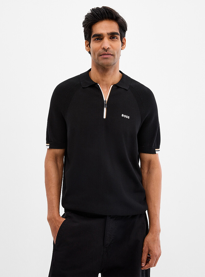 BOSS: Le polo col zipp&eacute; manches raglan textur&eacute;es Noir pour homme