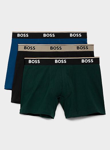 BOSS: Les boxeurs longs palette fonc&eacute;e 5 po Power Emballage de 3 Bleu &agrave; motifs pour homme