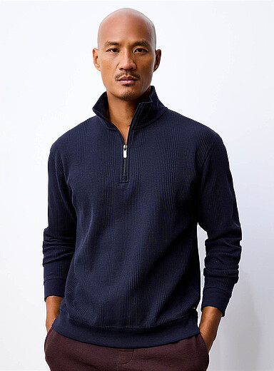 BOSS Indigo/Dark Blue Zip-neck waffle sweater for men