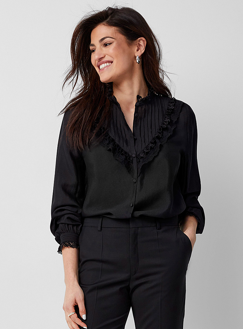 HUGO Black Ruffled edging silky blouse for women