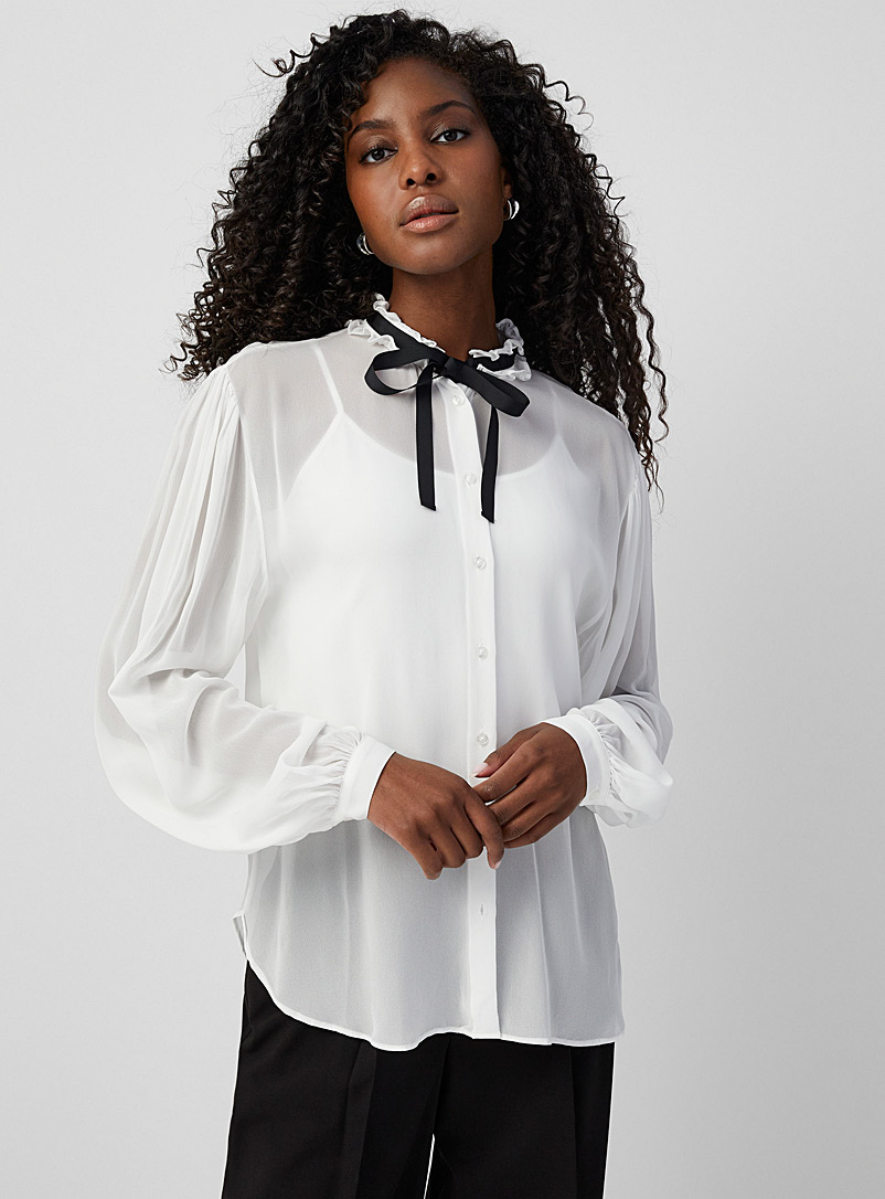 HUGO White Eurore ribbon collar chiffon blouse for women