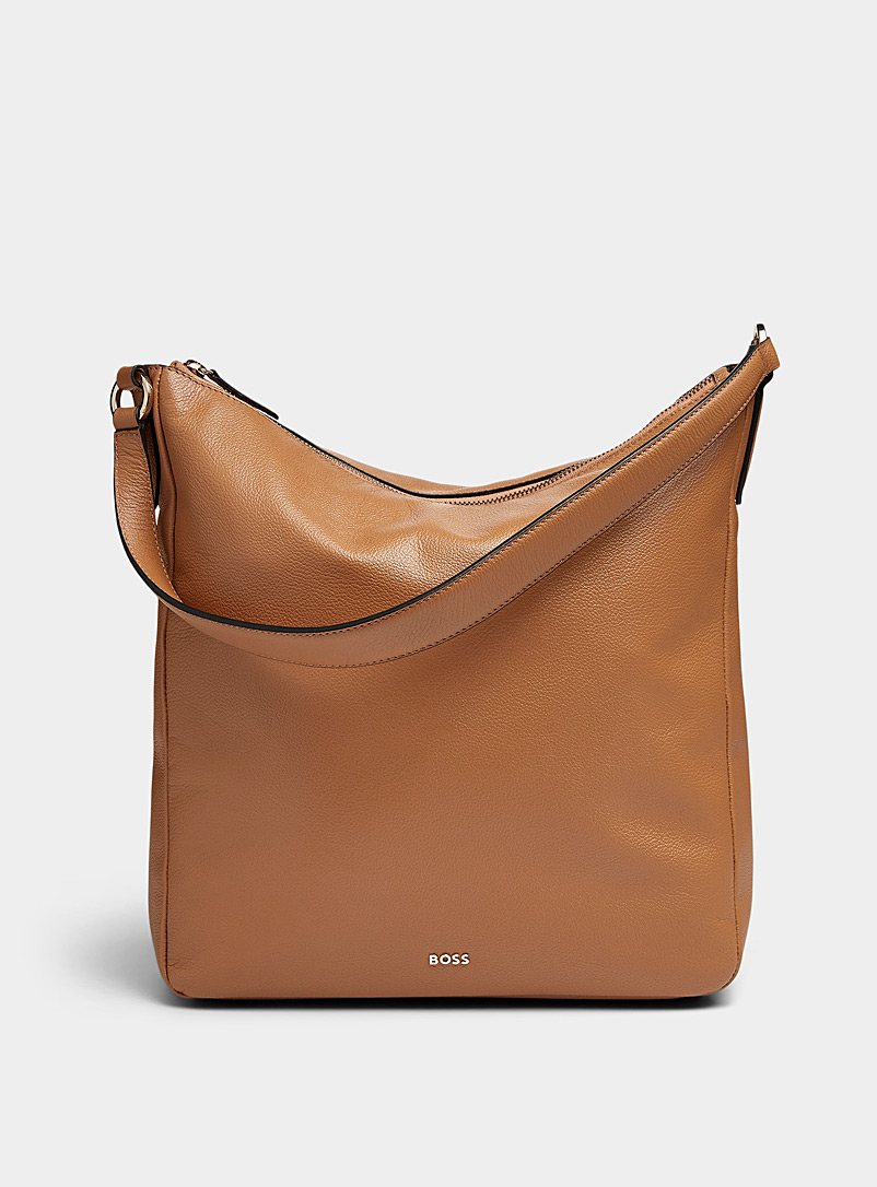 BOSS Light Brown Alyce pebbled leather square saddle bag for women