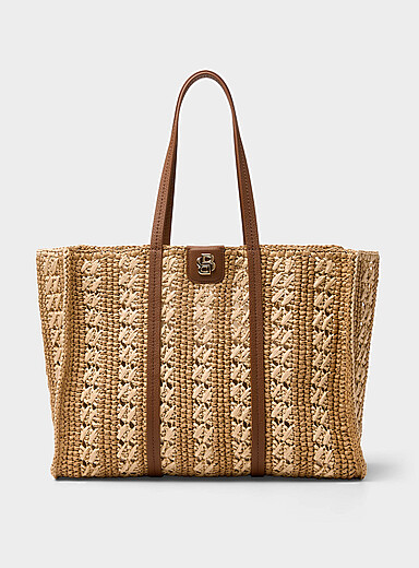 Two-tone braided straw tote bag