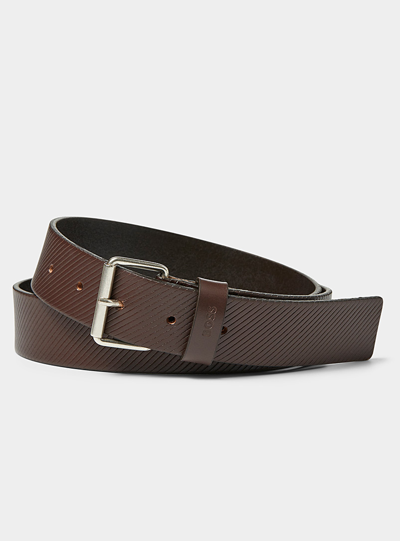 BOSS Dark Brown Grooved leather belt for men