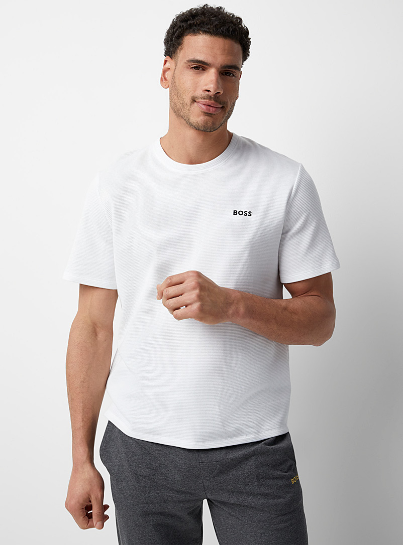 BOSS White Embroidered logo waffle lounge T-shirt for men