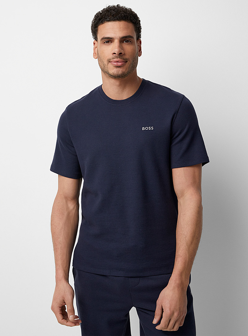 BOSS Indigo/Dark Blue Embroidered logo waffle lounge T-shirt for men