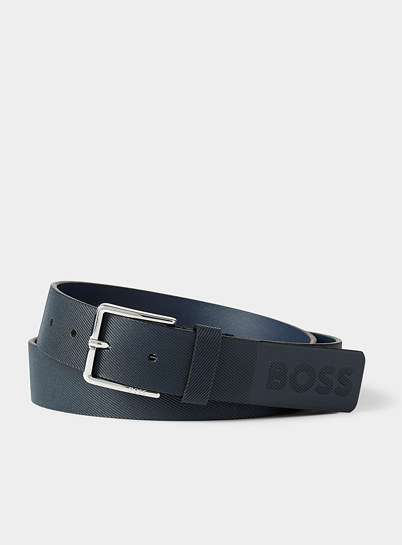 BOSS Blue Navy textured leather belt for men