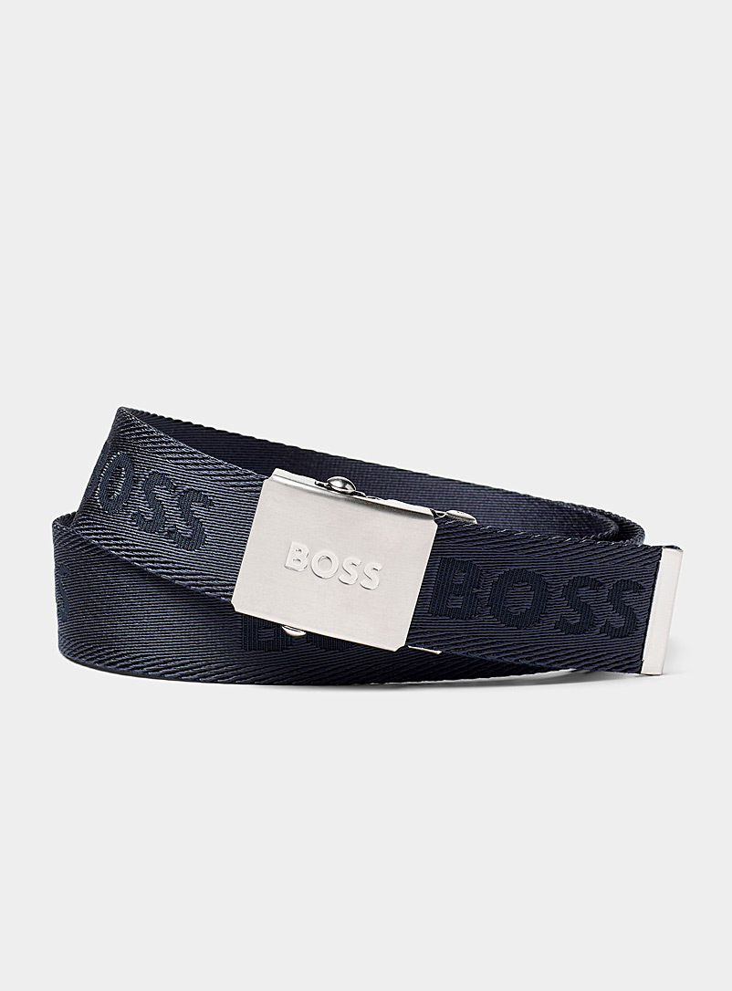 BOSS: La ceinture tissée logo répété Bleu pour homme