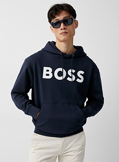 BOSS Dark Blue Large logo hoodie for men
