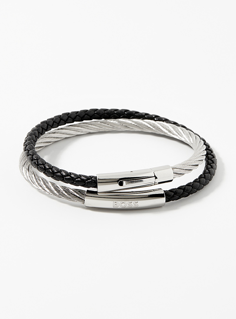 BOSS Black Leather and stainless steel double bracelet for men