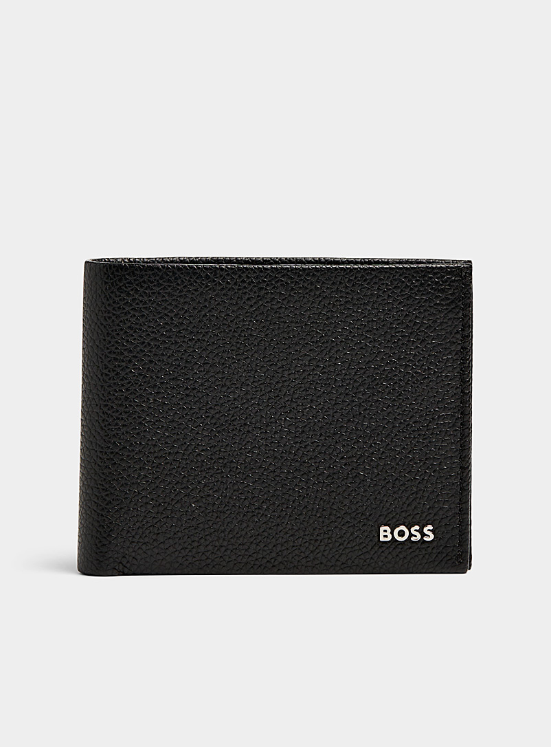 BOSS: Le portefeuille cuir grenu logo argent Noir pour homme