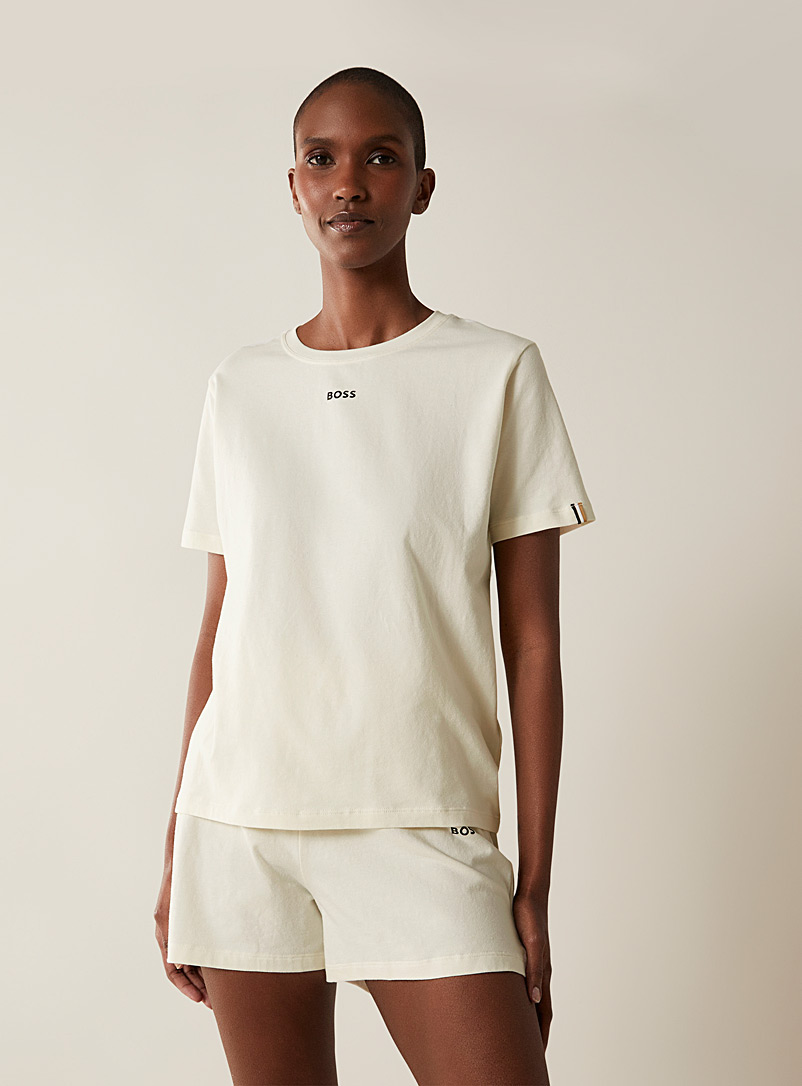 BOSS: Le t-shirt détente crème logo Blanc crème pour femme