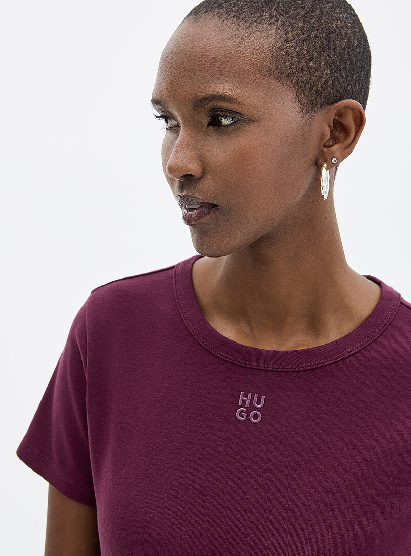 HUGO Burgundy Embroidered logo crew-neck T-shirt for women