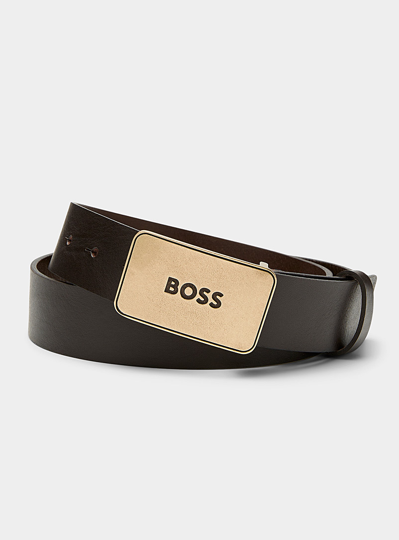 BOSS Brown Plate-buckle brown leather belt for men