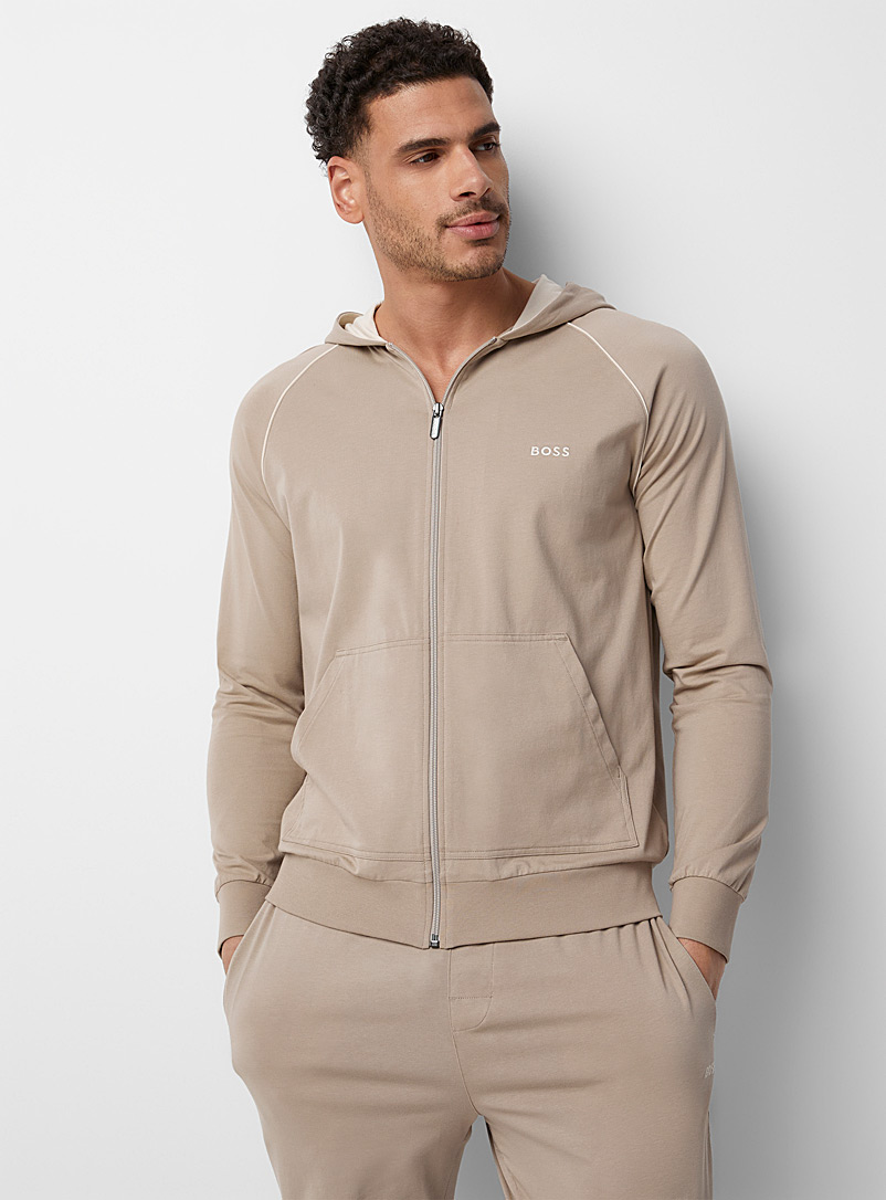 BOSS Ivory/Cream Beige Beige zip-up lounge hoodie for men