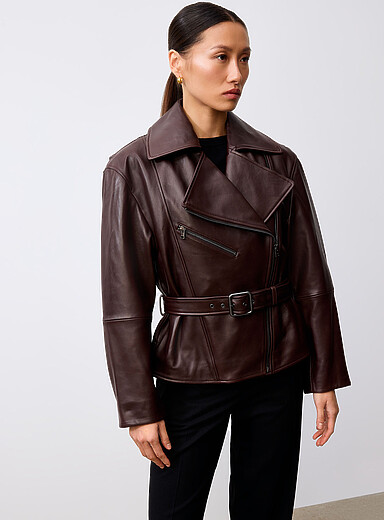 HUGO Brown Laurila belted leather jacket for women