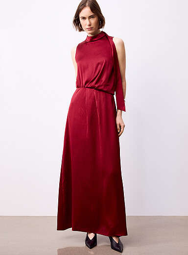 HUGO Burgundy Kedina satin scarf-collar dress for women