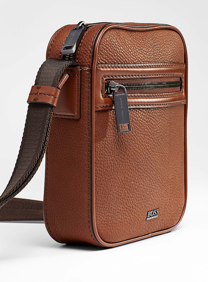 BOSS Brown Helios leather shoulder bag for men