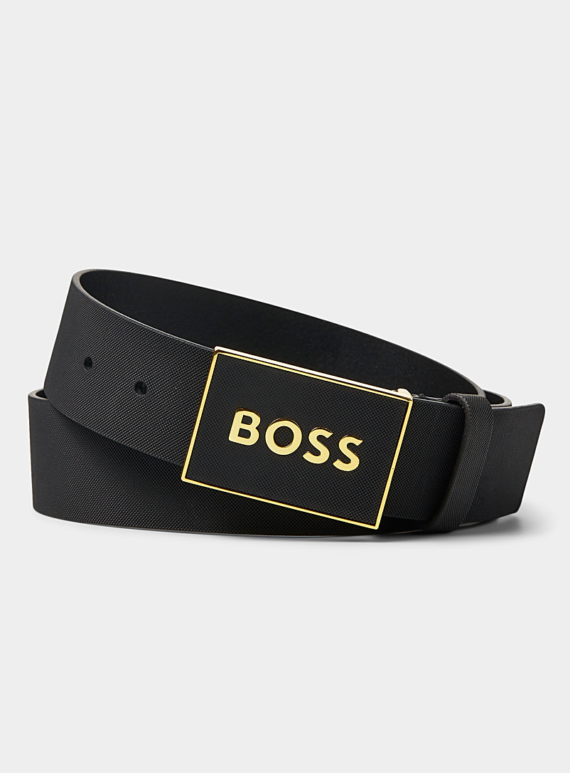 BOSS Black Plaque-buckle leather belt for men