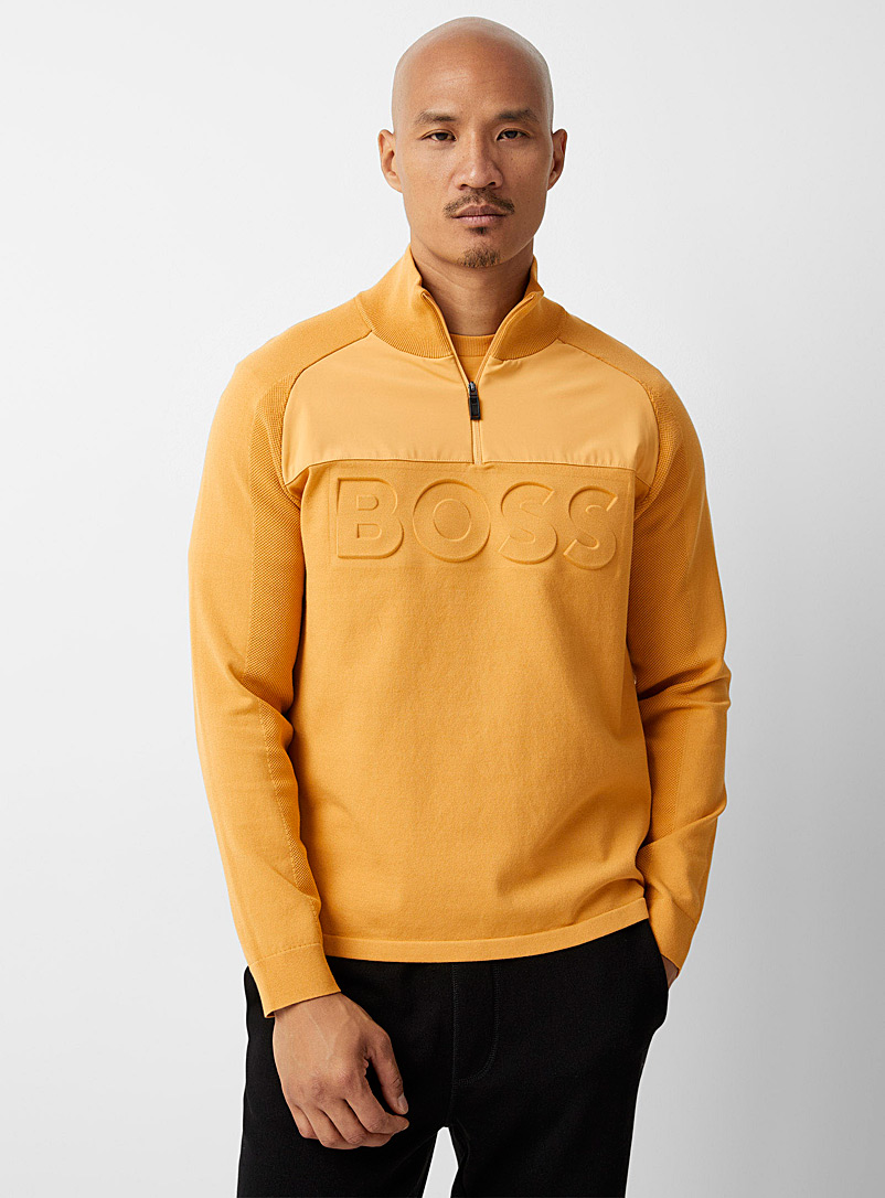 BOSS Golden Yellow Embossed logo Zine sweater for men