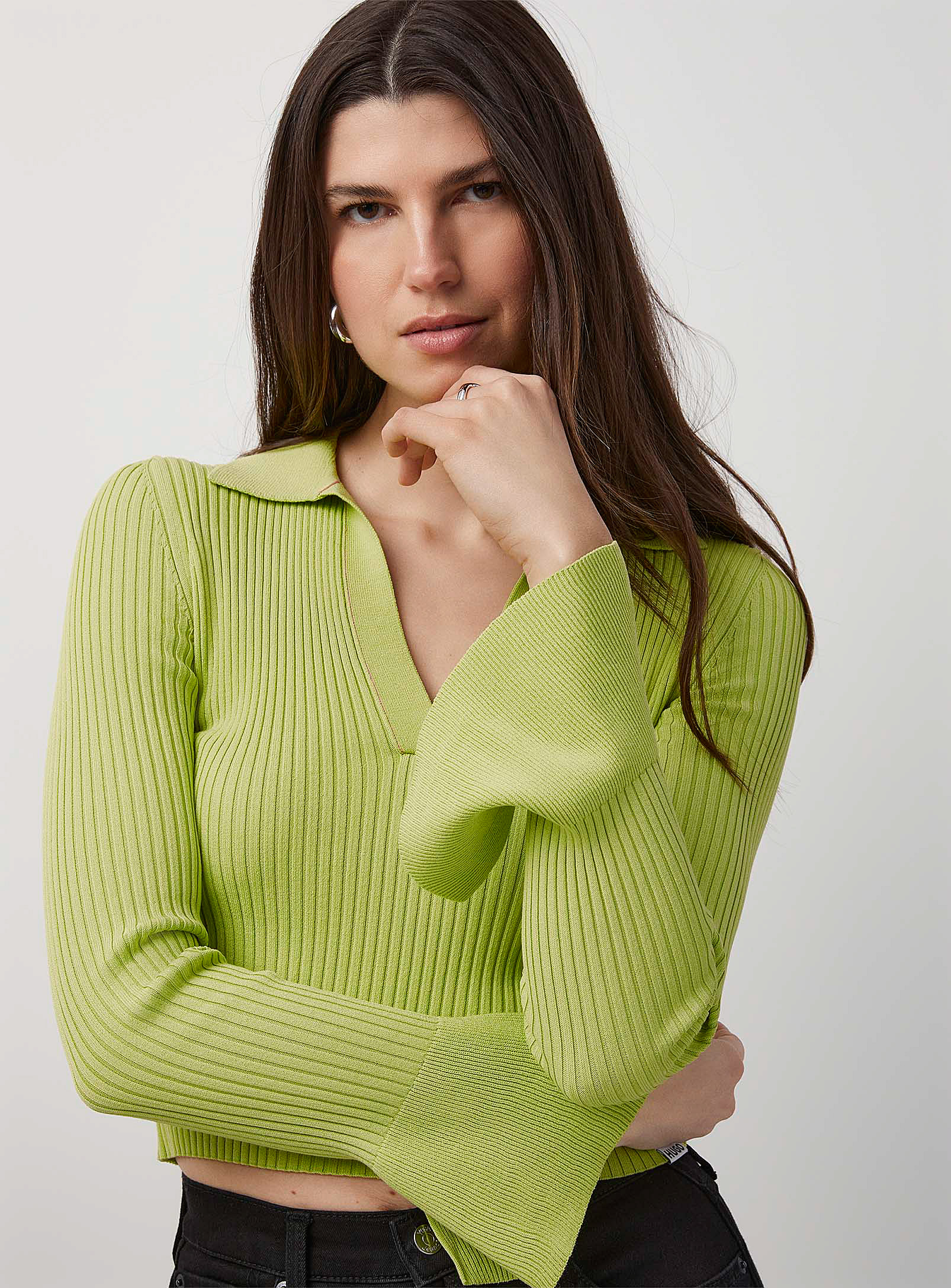 Hugo Sharreno Sparkling Green Cropped Ribbed Sweater In Lime Green