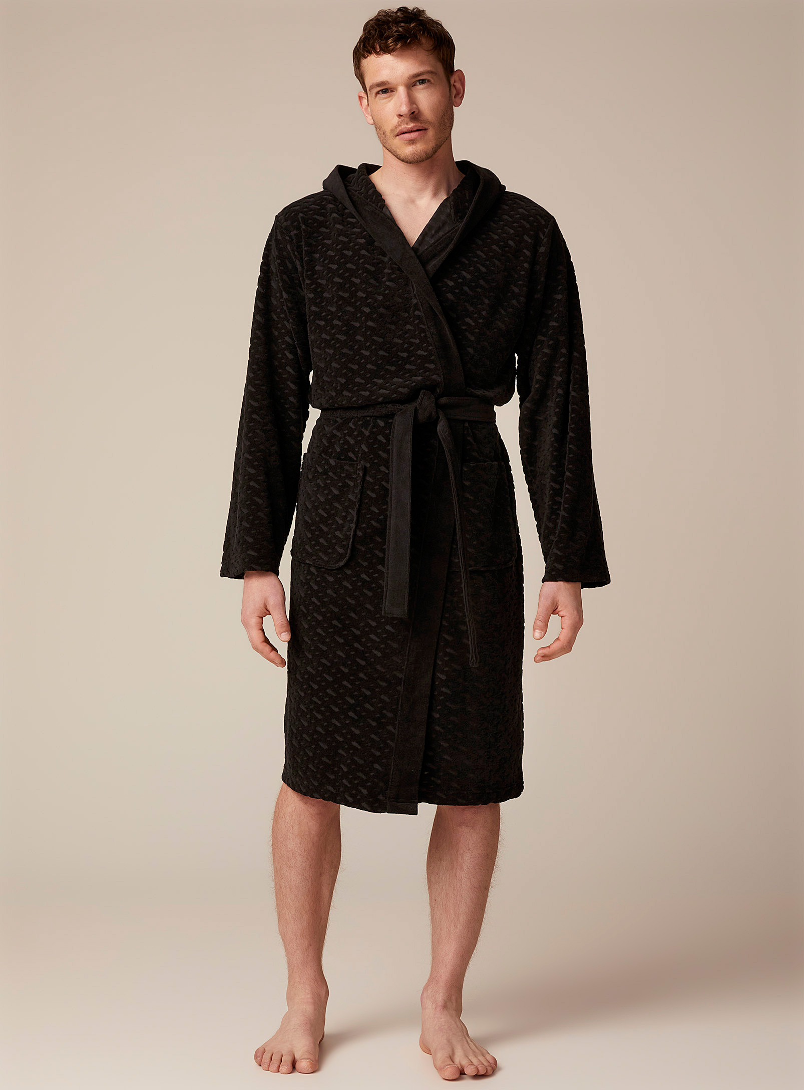 Hugo Boss Terry Monogram Hooded Robe In Black | ModeSens