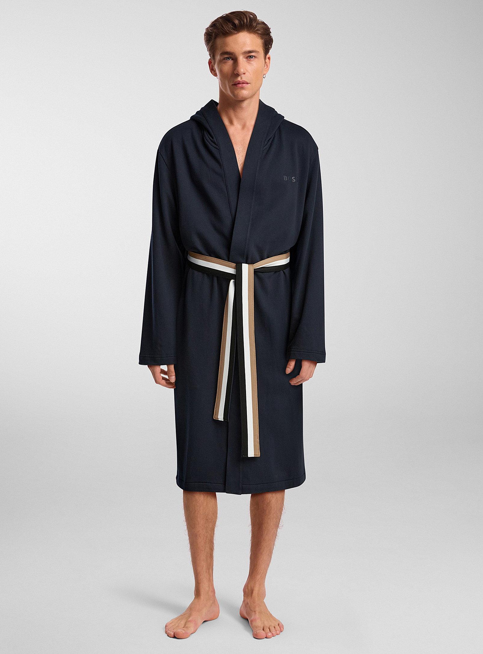 BOSS - Men's Striped belt hooded robe
