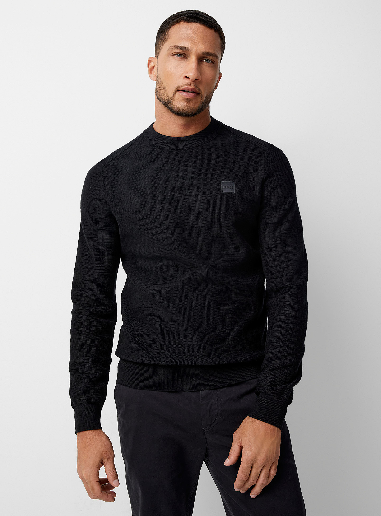 Hugo Boss Cashmere-blend Micro-check Knit Sweater In Black