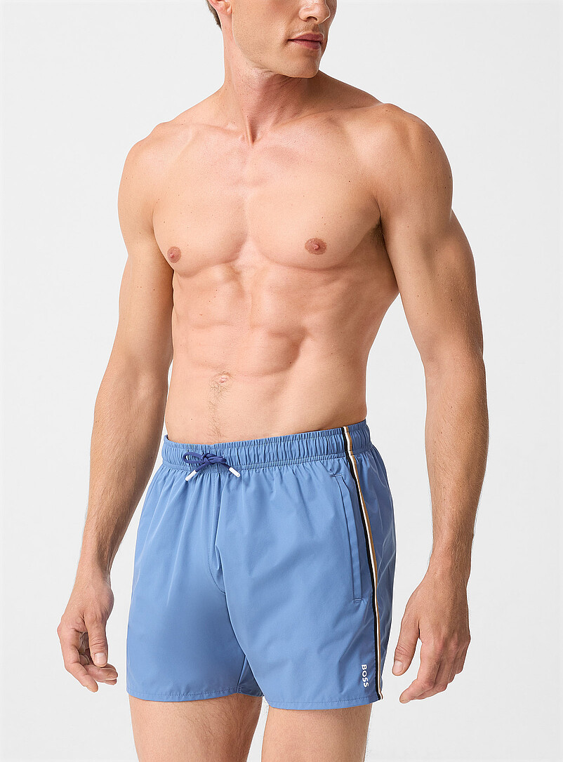Signature-stripe blue swim trunk product image (primary)
