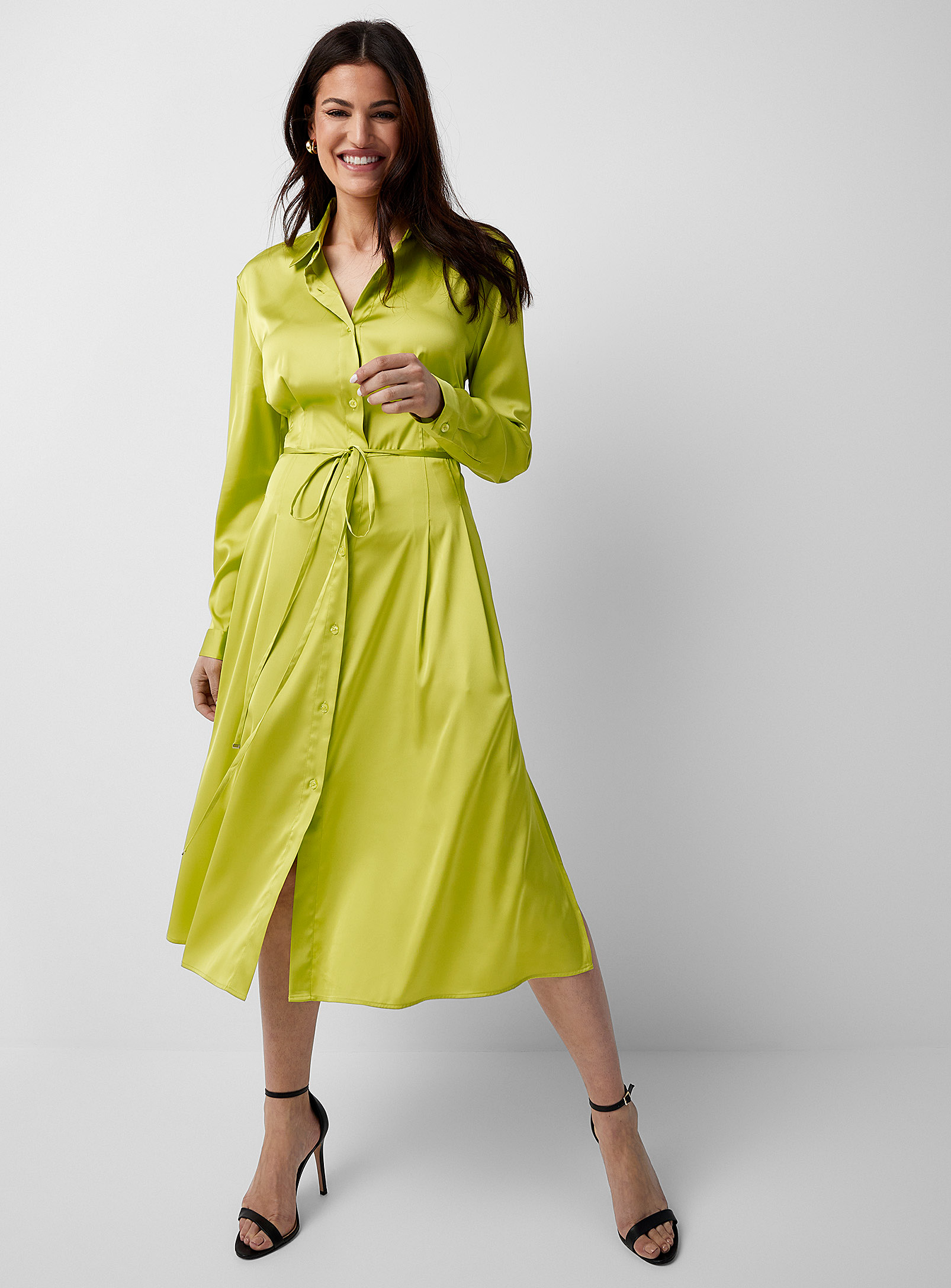 Hugo Boss Chartreuse Silky Shirtdress In Lime Green