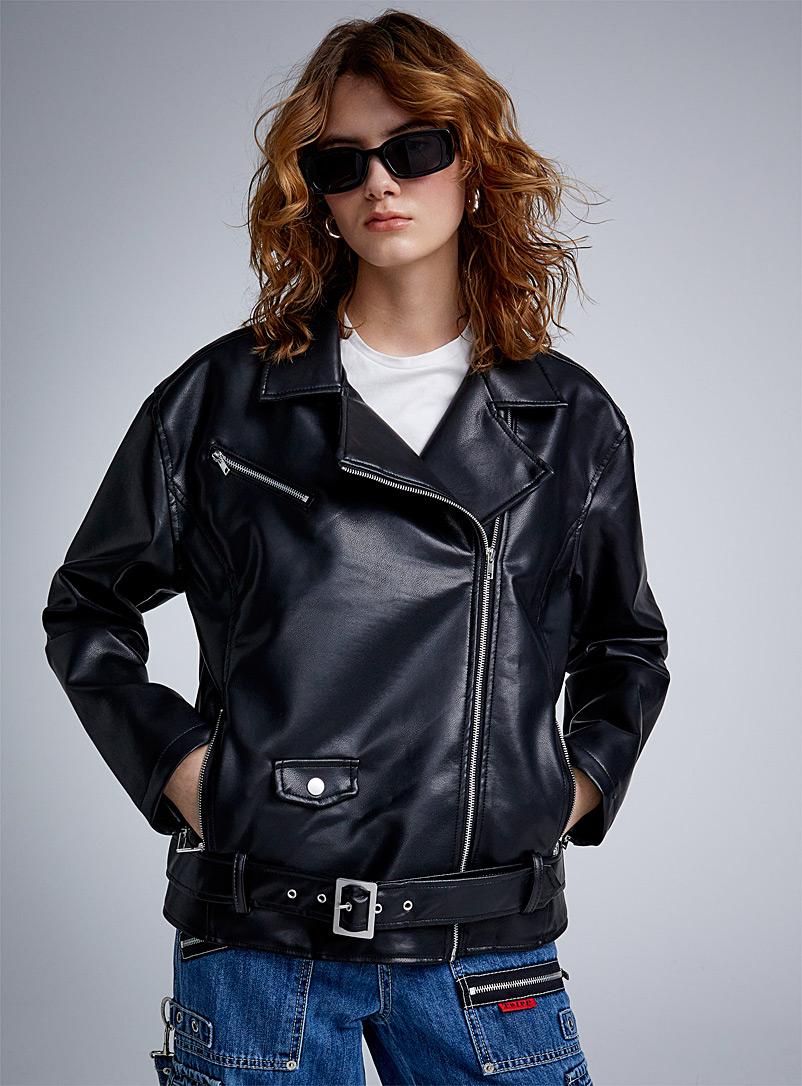 Twik Black Loose faux-leather biker jacket for women