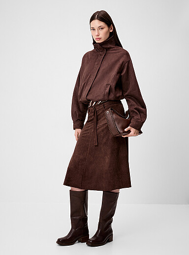 Buttoned stand collar faux-suede jacket