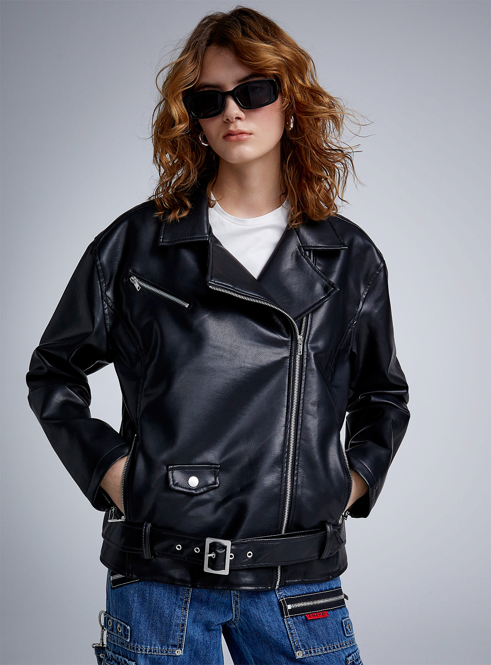 Twik Loose Faux-leather Biker Jacket In Black