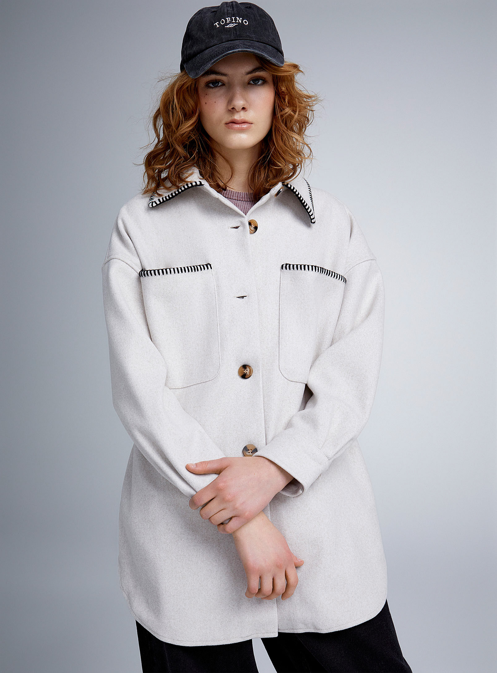 Twik Accent Seams Felt Overshirt In Off White