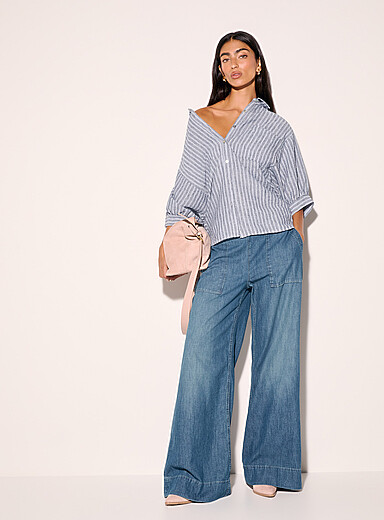 Ic&ocirc;ne Patterned Blue Puff-sleeve oversized striped shirt for women