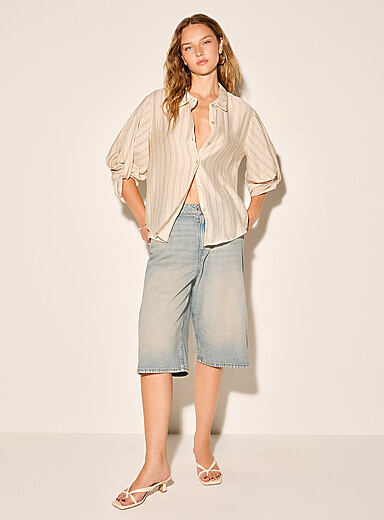 Ic&ocirc;ne Patterned Ecru Lightweight patterned tie-sleeve shirt for women