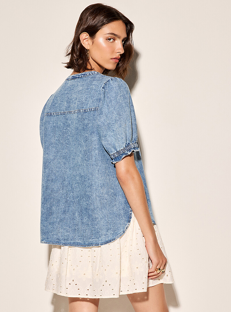 Puff-sleeve ruffled lightweight denim blouse product image 3