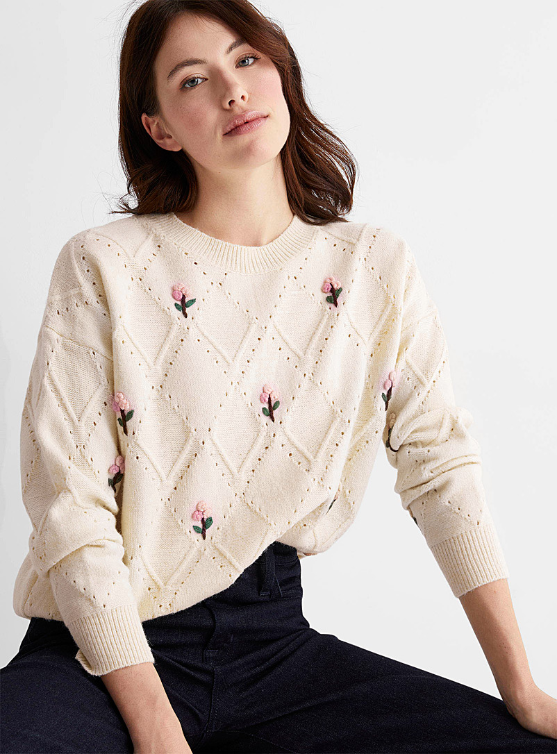 Contemporaine Ivory White Floral embroidery openwork sweater for women