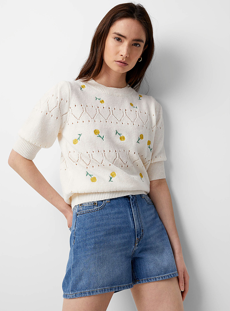 Contemporaine White Floral embroidery openwork sweater for women