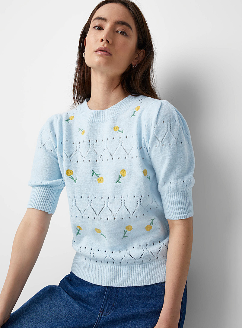 Contemporaine Baby Blue Floral embroidery openwork sweater for women