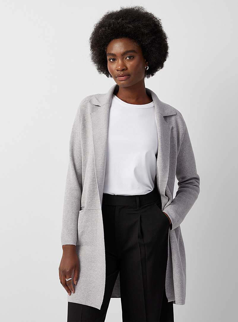 Contemporaine Light Grey Long notch collar pocketed cardigan for women
