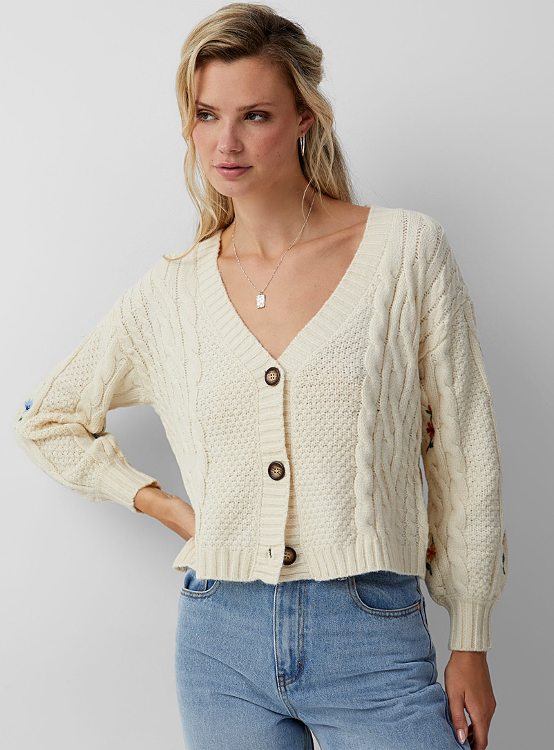 Icône Ivory White Embroidered flowers cable-knit cardigan for women